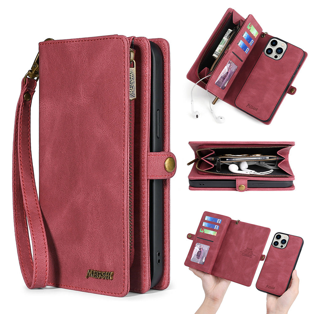 MEGSHI 017 Series Detachable Leather Case for iPhone 14 Pro Max Anti-drop Magnetic Absorption Zipper Wallet with Wrist Strap MEGSHI 017 Series Detachable Leather Case for iPhone 14 Pro Max Anti-drop Magnetic Absorption Zipper Wallet with Wrist Strap